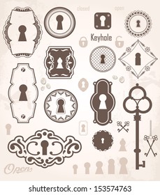 Different beautiful silhouettes keyholes. Decorated frame. Keys