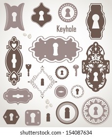 Different beautiful silhouettes keyholes. Decorated frame. Key 