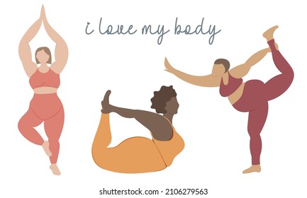different beautiful women doing yoga. body positive illustration
