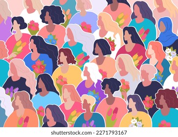 Different beautiful women with flowers. Happy Women's Day, colorful spring illustrations