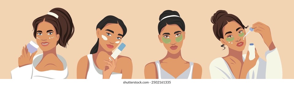 Different beautiful women take care of their skin. Advertising of facial care cosmetics, cream, mask, serum, patches. Vector illustration on the theme of beauty for a website, banner