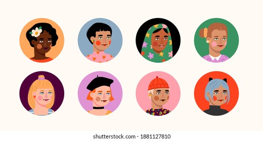 Different beauty. Set of various female heads. Round icons. Women avatars. Various races and nationalities. Colored hand drawn vector illustration. Various clothes and haircuts. Social media concept