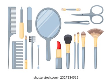 Different beauty or stylist tools vector illustrations set. Collection of cartoon drawings of combs, makeup brushes, mirror, scissors, lipstick, nail file. Beauty, fashion, make-up, salon concept