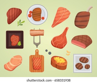 Different beef steak raw and grilled meat food barbecue bbq ingredient vector illustration