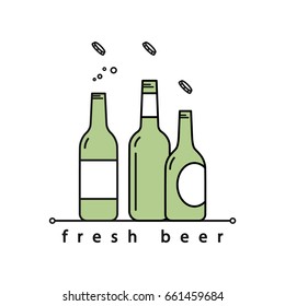 Different beer bottles with open lids. Vector linear icon.