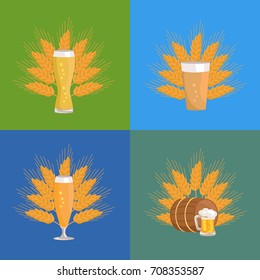 Different beer glasses with ear of wheat and one barrel vector illustration on green, blue and dark-blue backgrounds at october festival.