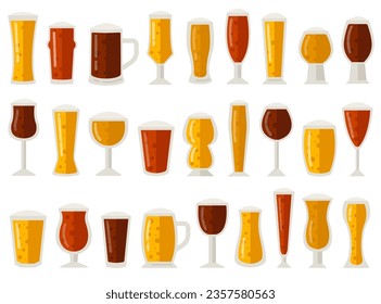 Different beer glasses, mug and pint cup with foamy alcohol craft drink lager or ale set. Golden light dark freshly brewed alcoholic beverage for oktoberfest bar pub menu design vector illustration