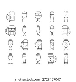 Different beer glasses and mugs with frothy foam in line art style, set of outline icons showing pint, stein, goblet, tulip, pilsner and other drinkware for bar and brewery use