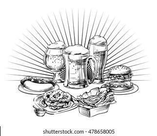 Different Beer Mugs, Glass, cup, jar, pot, cans and Fast Food Snacks. Hand Drawing Sketch Composition for Oktoberfest, menu the restaurant, pub, bistro, snack bar, tavern, isolated vector 