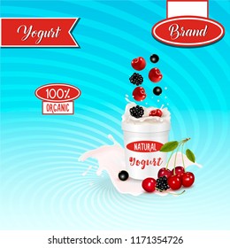Different berries, 3d realistic vectors illustration of flavor yogurt ad, product logo, promotion: milk, white yogurt splash, berry slices, tasty food ad design, retro background