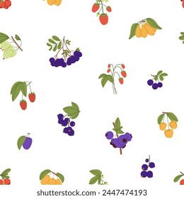 Different berries branches on endless background. Repeatable pattern of ripe strawberry, gooseberry, sea buckthorn, blueberry, raspberry. Wild and garden currant. Flat seamless vector illustration