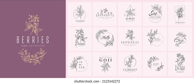 Different Berries Floral Logo Set. Hand Drawn Line Wedding Herb, Elegant Leaves For Invitation Save The Date Card. Botanical Rustic Trendy Greenery Vector Set