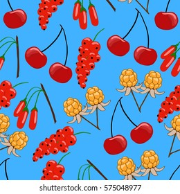 Different berries on a blue background. Cherry, cloudberry, red currant and Goji. Seamless pattern. Vector illustration.