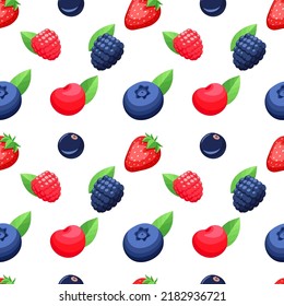 Different berries seamless pattern on white background. Berries with green leaves in cartoon vector colorful style. Strawberry, raspberry blueberry, cherry. Sweet.