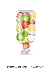 Different berry fruit inside saline bag. Apple Strawberry Kiwi and Guava in transparent bottle. IV Drip vitamin infusion rich in fiber and minerals healthy.  Realistic 3D vector.