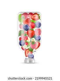 Different berry fruit inside saline bag. Raspberry, Strawberry and Blueberry in transparent bottle. IV Drip vitamin infusion rich in fiber and minerals healthy.  Realistic 3D vector.