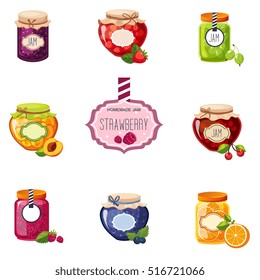 Different Berry And Fruit Jam Jars Set Of Illustrations