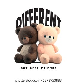 different but best friends slogan with bear doll friends vector illustration. Vintage typography and teddy bear. Vector illustration design for fashion graphics, and t-shirt prints.