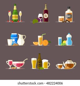 Different beverages with bottles, glasses and snacks. 