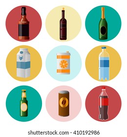 Different Beverages. Drinks in Ware. Icons Set. Vector illustration