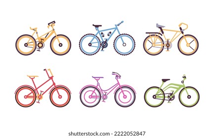 Different Bicycles or Cycle with Pedal and Two Wheels Attached to Frame Vector Set
