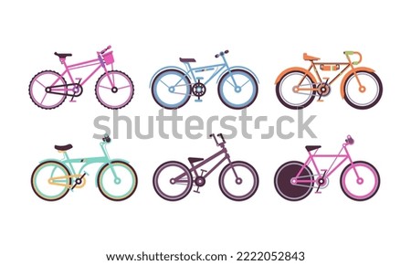 Different Bicycles or Cycle with Pedal and Two Wheels Attached to Frame Vector Set