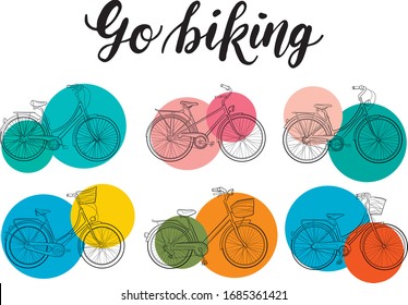 Different bicycles in vector line art with flat colours, handwritten lettering "Go biking". Set of bikes for active leisure, travel, urban, camping and sport facilities, posters, websites and ads
