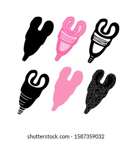 Different big set silicone menstrual cups folded isolated on white.Black and pink.Cartoon vector stock illustration.Capacity for feminine hygiene,medicine,menstruation.Zero waste concept.Plastic-free.
