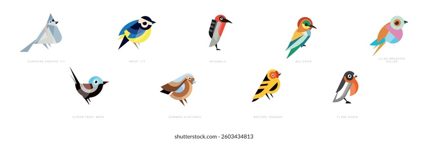 Different Bird Flat Icon with Name Vector Set