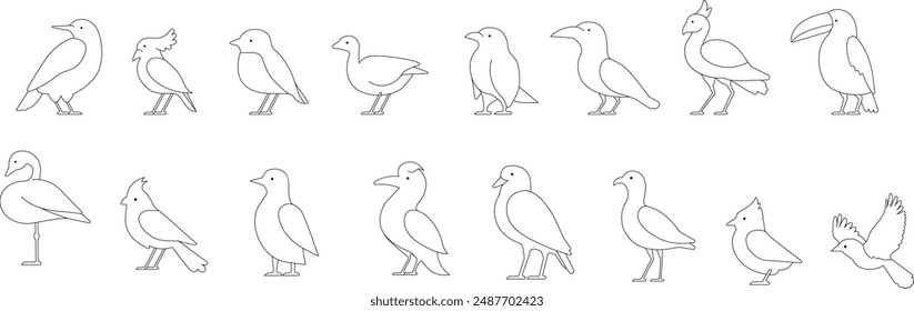 Diferente colección de Ilustración vectorial de pájaro, estilo de ícono de línea, vitro, contorno de estilo de vitral, activo de libro de colorear, versión simplificada