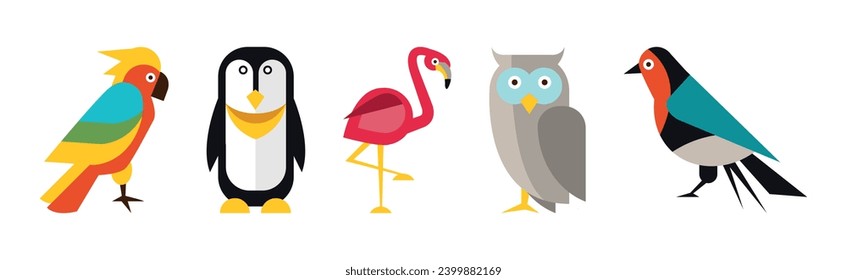 Different Birds and Avians as Feathered Flying Creature Vector Set