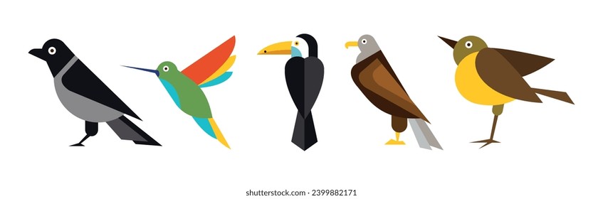 Different Birds and Avians as Feathered Flying Creature Vector Set