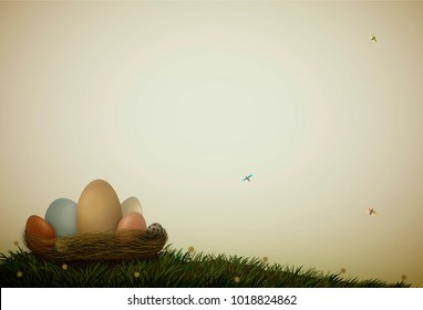 different birds eggs in the nest on the grass with flowers and butterflies, Easter composition, vector