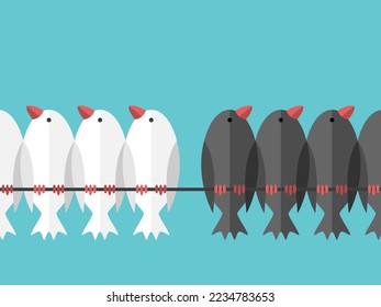 Different birds groups looking in opposite directions. Opposition, difference, struggle, conflict, prejudice and hate concept. Flat design. EPS 8 vector illustration, no transparency, no gradients