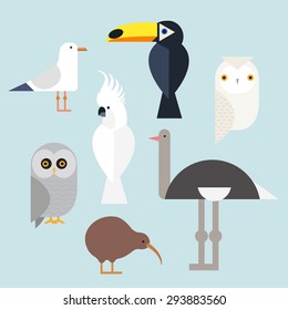 Different birds icons set include seagull, cockatoo, toucan, snowy owl, gray owl, kiwi and ostrich. Vector illustration