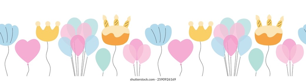 Different birthday balloons vector seamless border