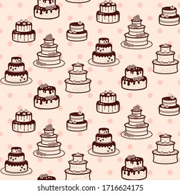 Different birthday and wedding cakes with flowers, stars, hearts and meringues on a pink polka dot background. Vector seamless pattern for bakery, cafe, sweet shop, pastry shop, confectionery, print