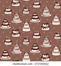 Different birthday and wedding cakes with flowers, stars, hearts and meringues on a brown polka dot background. Vector seamless pattern for bakery, cafe, sweet shop, pastry shop, confectionery, print