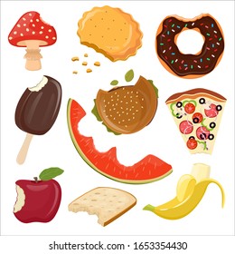Different bitten food vector illustration. Sweet food ice cream, cookie, doughnut. Fruits banana, apple and watermelon. Fast food burger and pizza. Scraps in flat style. Froot, vegetables