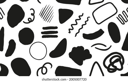 Different black abstract shapes seamless repeat pattern., Random placed, vector geometrical doodled elements all over surface print on white background.