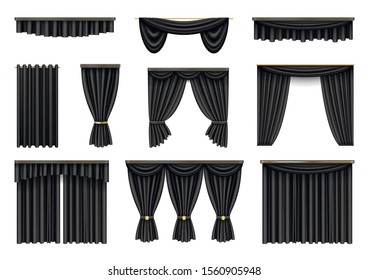 Different black curtains realistic vector illustrations set  Stylish hanging draperies isolated cliparts white background  Luxury interior decoration collection  Elegant window drapes
