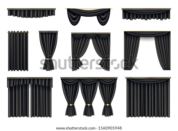 Different\
black curtains realistic vector illustrations set. Stylish hanging\
draperies isolated cliparts on white background. Luxury interior\
decoration collection. Elegant window\
drapes