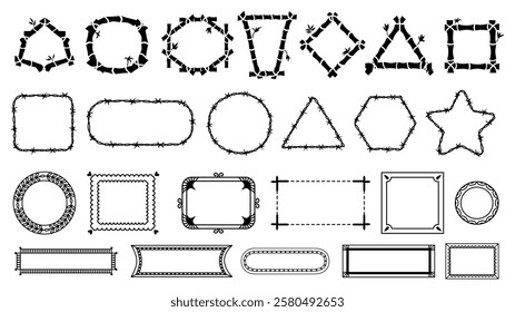 Different black frames. Frame from bamboo, barbwire, curly ornaments and lines. Isolated kit barbed wires banners, decorative design elements vector set