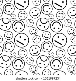 A lot of different black outline emoticons, seamless pattern on white