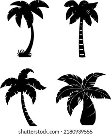 Different Black Palm Tree Silhouette. Vector Hand Drawn Collection Set Isolated On White Background