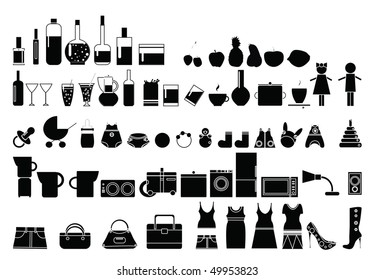 Different black silhouettes. Clothes, baby icons, shoes, cosmetics, Ã�Âºitchen utensils,