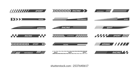 Diferentes Black Sports Racing Stripes definir carro, moto ou adesivos de barco. Ilustração vetorial de tuning Racing Sport Decals