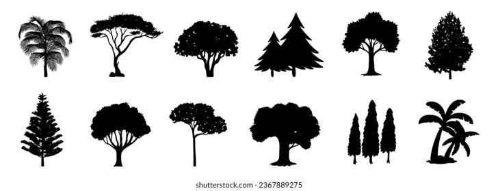 Colección de silueta de árbol negro diferente. Silueta de árbol aislada en negro. Sombra de iconos de árbol
