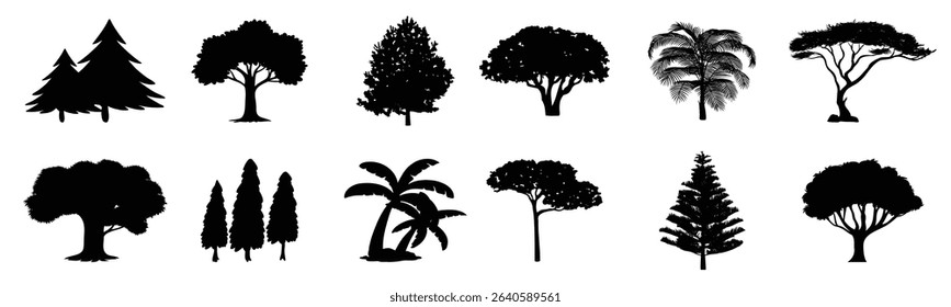 Different black tree silhouette collection. Tree silhouette isolated in black. Tree icons shadow