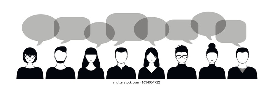 different black and white people and speech bubbles isoated on white background horizontal vector illustration